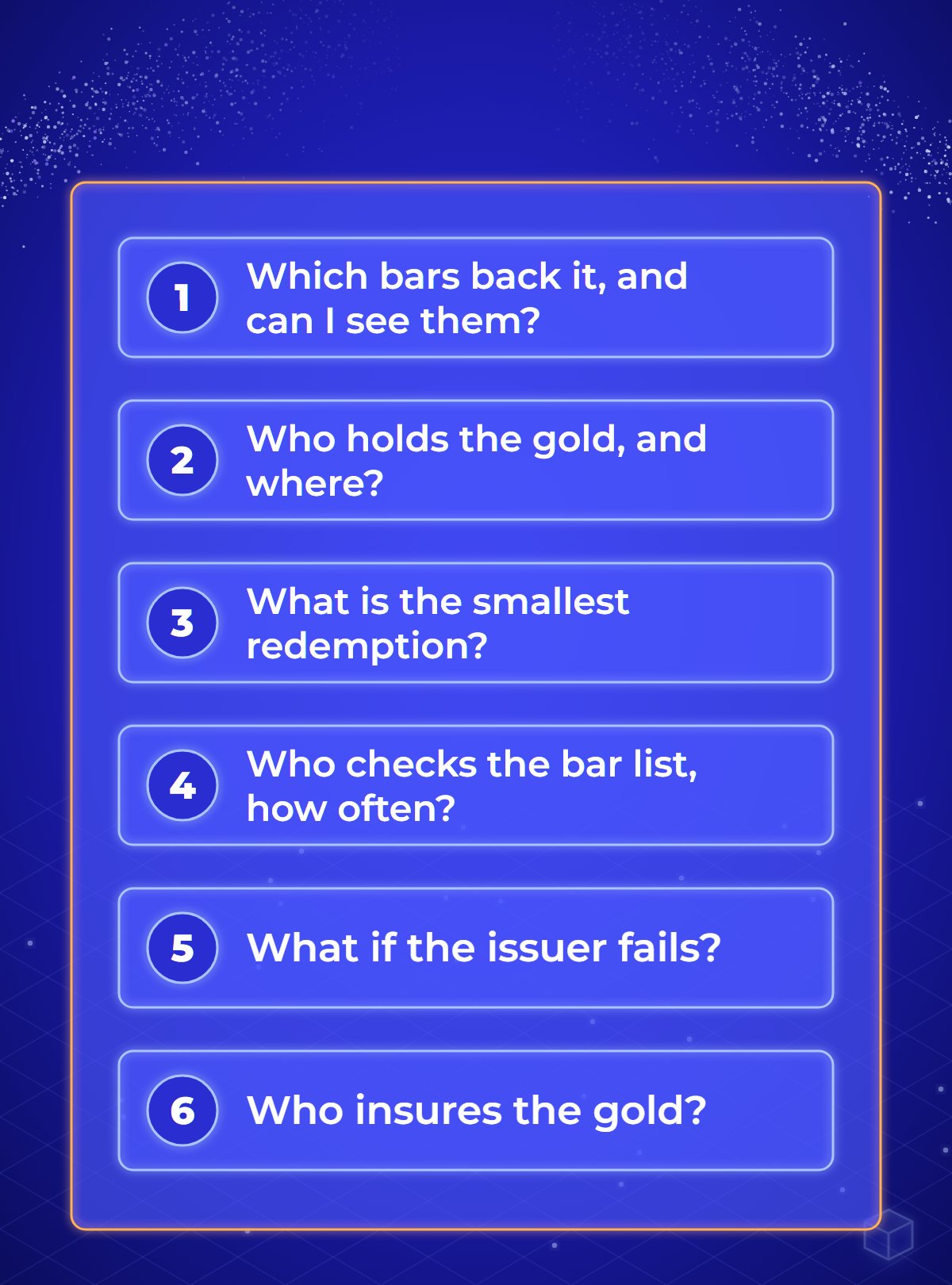 Six numbered questions to ask before holding a gold token: which bars back it, and can I see them; who holds the gold, and where; what is the smallest amount I can redeem; who checks the bar list, and how often; what happens if the issuer fails; and who insures the gold.