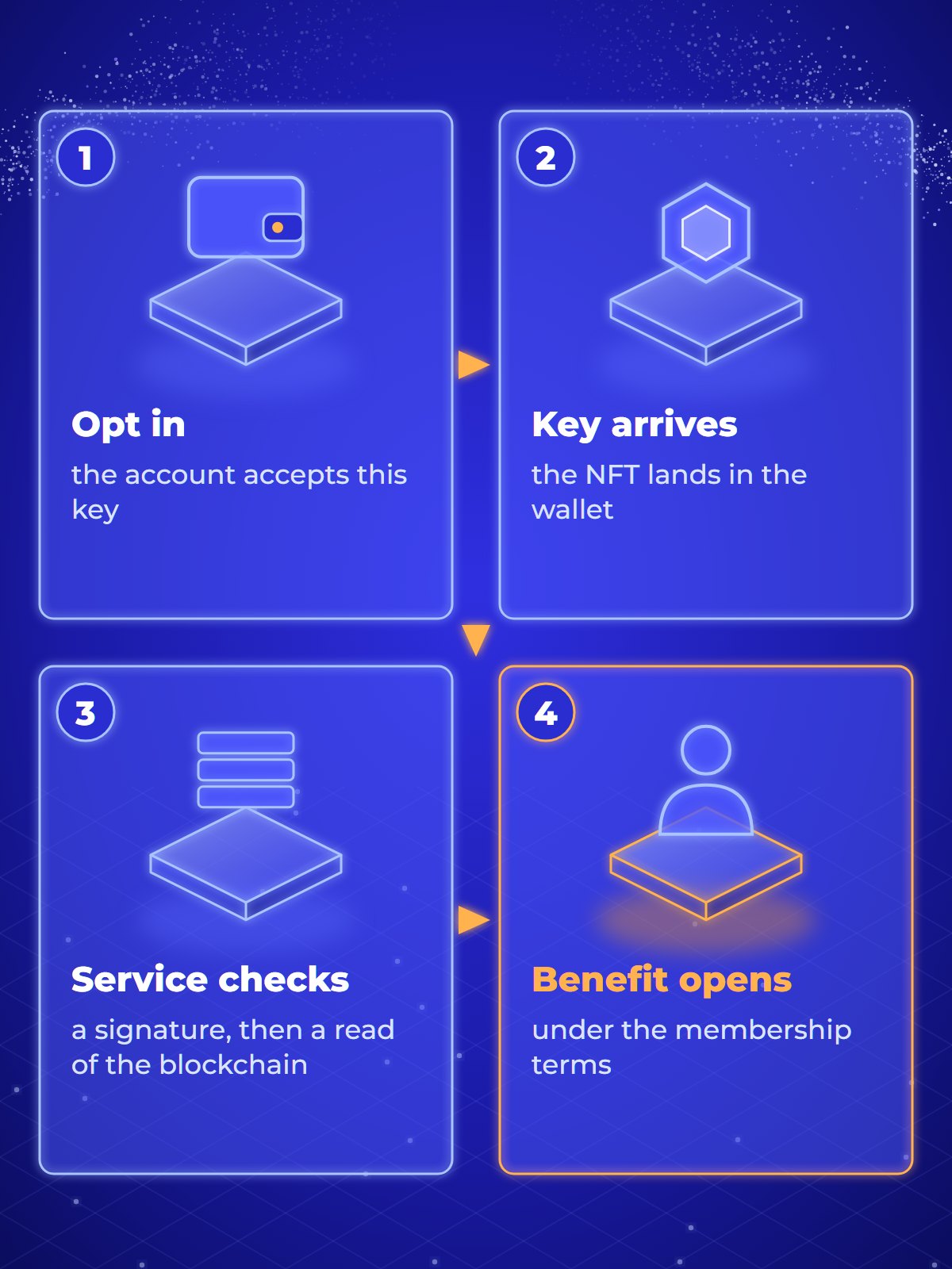 Four-frame storyboard of an NFT membership key: the member's account opts in to the key; the key arrives in the wallet; the service checks a signature and reads the blockchain; the benefit opens under the membership terms.