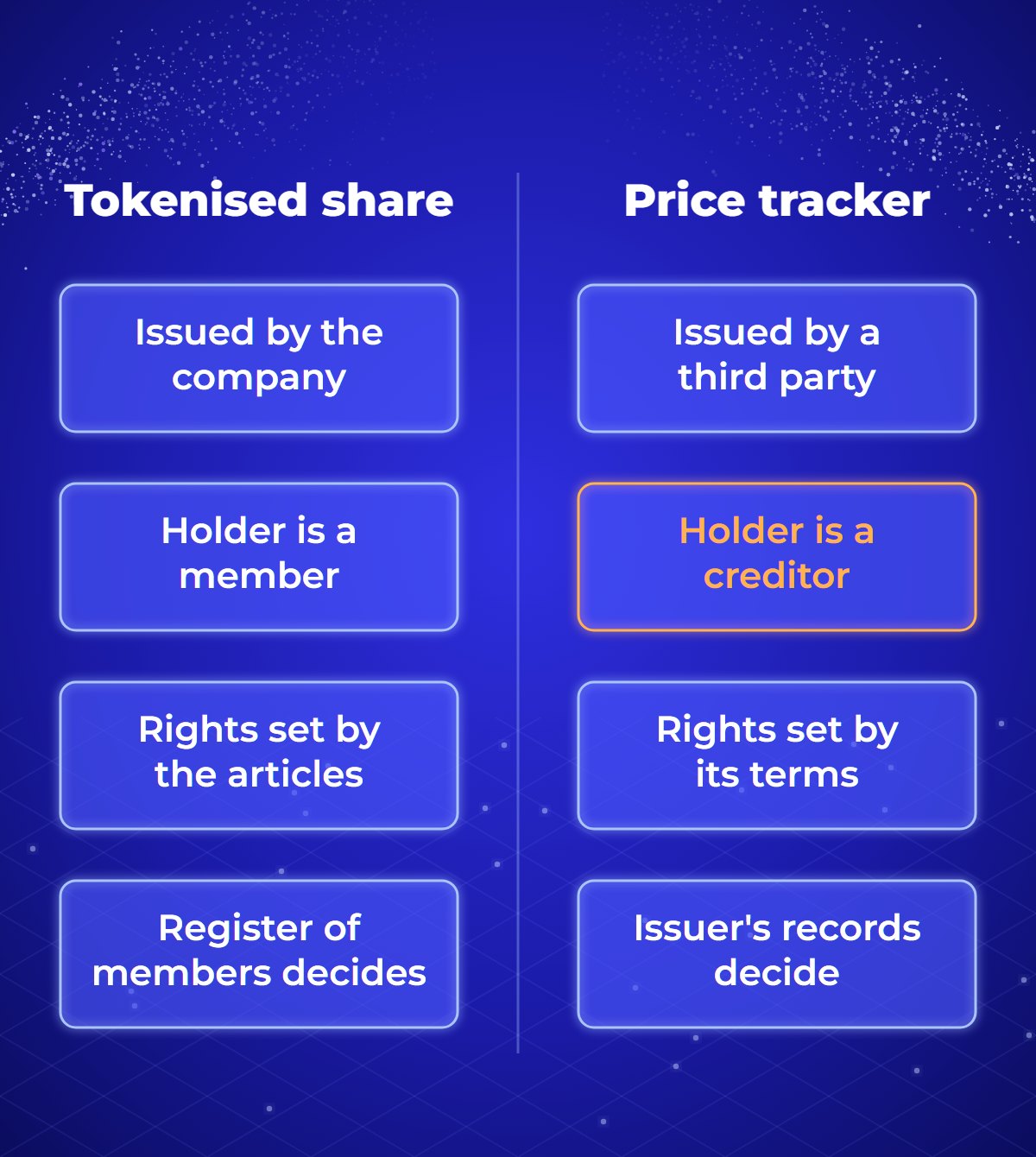 Side-by-side comparison of a tokenised share and a price-tracking token. A tokenised share is issued by the company, its holder is a member, its rights are set by the articles, and the register of members decides who holds it. A price-tracking token is issued by a third party, its holder is a creditor of that issuer, its rights are set by the token terms, and the issuer's records decide who holds it.
